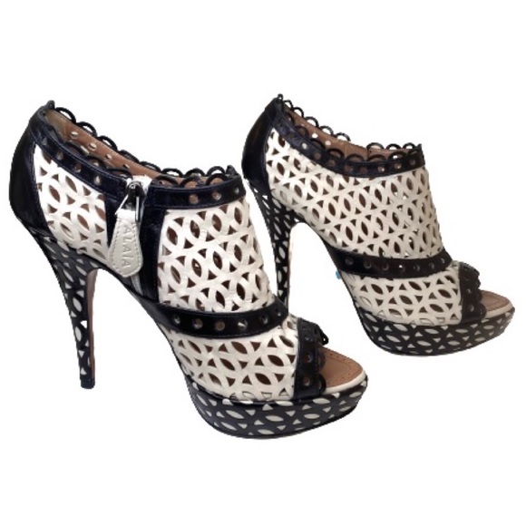 Alaia Black and White Laser Cut Peep-Toe Platform Booties Size 37 - Picture 2 of 7